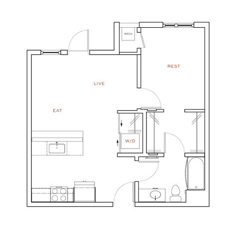 Floor plan for 1 bed, 1 bath, 633 sqft